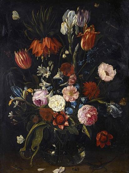 Jan Van Kessel the Younger A still life of tulips, a crown imperial, snowdrops, lilies, irises, roses and other flowers in a glass vase with a lizard, butterflies, a dragonfly a Sweden oil painting art
